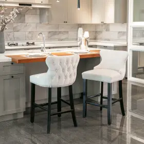 W114343480 A&a Furniture 26.7 Inch Set Of 2 Barstools Kitchen Bar Chairs Velvet Upholstered Beige Wooden Legs