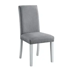 Dn01452 Acme Lanton Side Chair Gray Linen Fabric Antique White Farmhouse Dining Seat