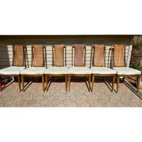 M-8124 Bassett Vintage Mcm Walnut Cane Back Dining Chairs Furniture - Set Of 6 Local Pu