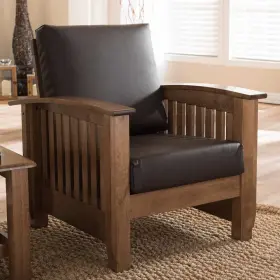 Baxton Studio 313020259267 Mission Style Dark Brown Faux Leather Accent Chair Walnut Solid Wood Cushions