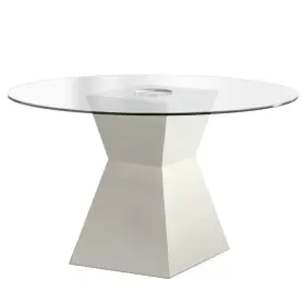 Bm208997 Benjara Contemporary Round Glass Dining Table With Square Pedestal Base White