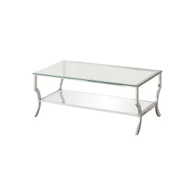 Bm220278 Benjara Glass Top Coffee Table With Metal Frame And Mirror Shelf Chrome