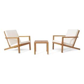 Benjara Bm320573 Liah Outdoor Patio Table Set-2 Chairs-brown Acacia Wood-cream Polyester