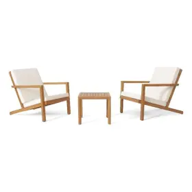 Bm320573 Benjara Liah Outdoor Patio Table Set-2 Chairs-brown Acacia Wood-cream Polyester