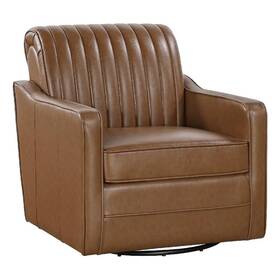 Benjara Bm336016 Vemy Swivel Chair- Vertical Channel Tufted Back- Brown Faux Leather