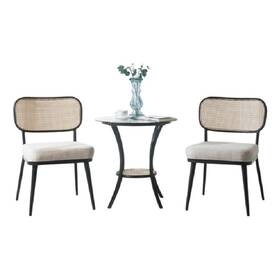 Benjara Bm337289 Col 3pc Accent Table And Chair Set- Black Legs- Glass Top- Padded Seat