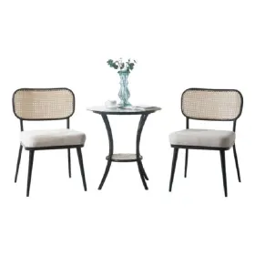 Bm337289 Benjara Col 3pc Accent Table And Chair Set- Black Legs- Glass Top- Padded Seat