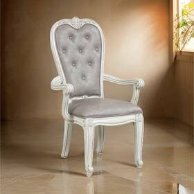 Benjara D2521-25 Ellia 26 Inch Tufted Dining Armchair Gray Ivory Vintage Wood Frame Set Of 2