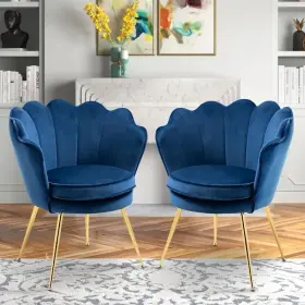 Bliss 303069443222 Velvet Small Accent Chair Tufted Back Metal Gold Legs Navy Blue Set Of 2