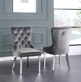 Blisscvdrkgry68 Bliss Set Of 2 Tufted Velvet Chairs Metal Nail Trim Silver Legs Dark Grey