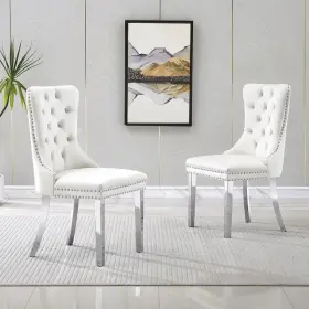 Blisscvwhtsml68 Bliss Set Of 2 Tufted Velvet Chairs Metal Nail Trim Silver Legs White