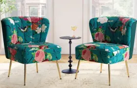 Chm0015-blue Bliss Velvet Accent Chairs Set Of 2 Tufted Back Metal Glam Gold Legs Floral Blue