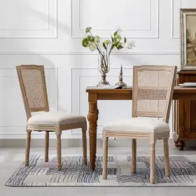 Boyel Living 313044119165 Cream French Style Solid Wood Frame Linen Fabric Square Rattan Back Dining Chair