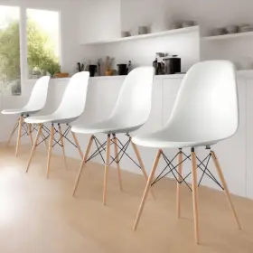 Canglong 685757239295 Modern White Dining Chairs With Shell Lounge Plastic Seat And Beech Wood Legs