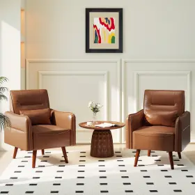 Cs061 Canmov Set Of 2 Mid-century Modern Leather Armchair Accent Chair With Pillow Brown