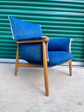 E015 Carl Hansen Pair Of Eoos For Embrace Lounge Chairs In Blue Wool W Oak