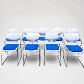 Ch103 Cazma Set Of 9 Stackable Office Training Chairs Blue White Chrome Sled Base Ch10