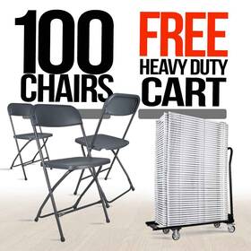 Chivari Cfpgd-100gcrts-kt-mk 100 Pack Dark Gray Plastic Folding Chair And Cart Bundle With Strap By