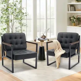 Colamy 636144799595 Mid Century Modern Accent Chair Set Of 2 Comfy Living Room Black Leat