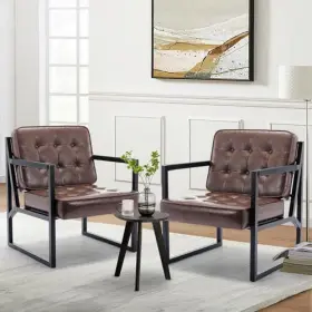 Colamy 636144799618 Mid Century Modern Accent Chair Set Of 2 Comfy Living Room Brown Leat
