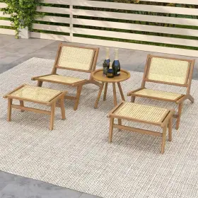 Costway 705353598241 Natural Teak Wood Rattan Lounge Occasional Chair And Ottoman Set With Ergonomic