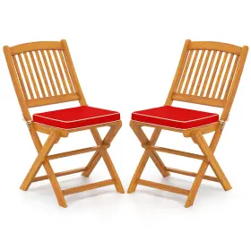 Hcst05324 Costway Outdoor Folding Chairs Set Of 2 Acacia Wood High-back Chair With Seat Cushions