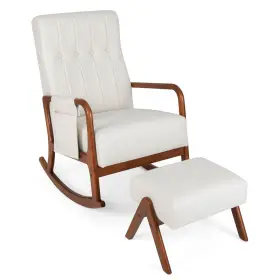 J150bea17971 Costway Rocking Chair With Ottoman Upholstered Fabric Glider Rocker Solid Wood Beige