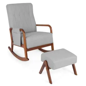 J150gra17972 Costway Rocking Chair With Ottoman Upholstered Fabric Glider Rocker Solid Wood Grey