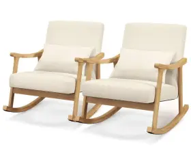 J712gra17633 Costway Set Of 2 Rocking Chairs With Pillow Armchairs Rubber Wood Frame Beige