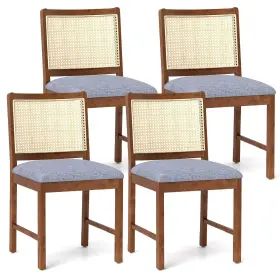 Us-2hcst05042 Costway Rattan Dining Chair 4pcs With Rubber Wood Frame Linen Fabric Padded Seat