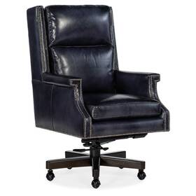 Decorinspired 955265147165 Executive Chair Blue Genuine Leather Nailhead Tilt Swivel Office Dark Wood Base
