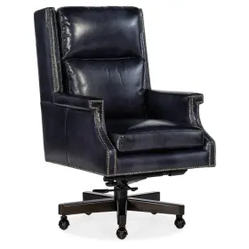 Decorinspired 955265147165 Executive Chair Blue Genuine Leather Nailhead Tilt Swivel Office Dark Wood Base