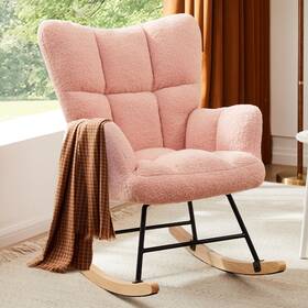 Dumos 1025v2pk-nc3 Rocking Chair With Wing Backrest Teddy Upholstered Indoor Reading Glider Cha