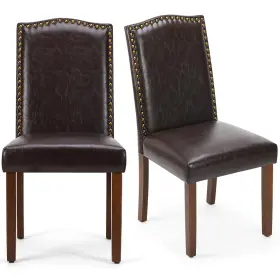 Dumos 708436638315 Set Of 2 Modern Upholstered Leather Dining Nailhead Trim And Wood Legs