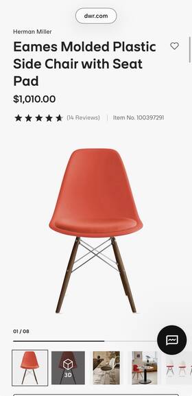 Eames 100366212 Red Orange Molded Plastic Side Chair Upholstered Walnut Wood Chrome Frame