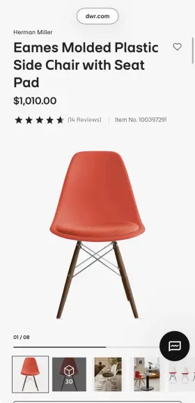 100366212 Eames Red Orange Molded Plastic Side Chair Upholstered Walnut Wood Chrome Frame