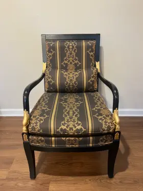 73096803001 Ethan Allen French Empire Style Black Lacquer Gold Dolphin Upholstered Arm Chair