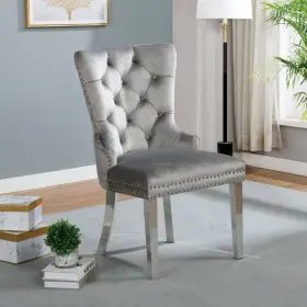 Idf-ac261gy Furniture Of America Kerry Dale Glam Gray Flannelette Tufted Dining Chair Set 2