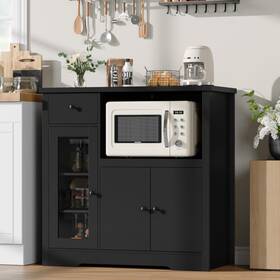 Garveehome 800068463379 Microwave Cabinet With Storage Glass Doors Adjustable Shelf Black Sideboard
