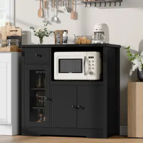 Garveehome 800068463379 Microwave Cabinet With Storage Glass Doors Adjustable Shelf Black Sideboard