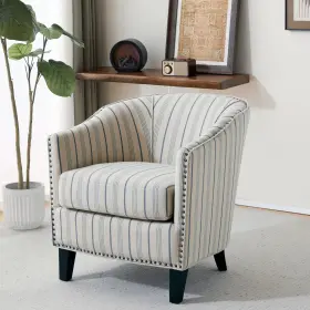 Gdf Studio 637162154786 Traditional Comfort Beige And Blue Stripe Fabric Barrel Chair Arm