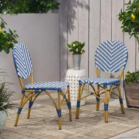 Gdfstudio 194884037365 Outdoor Aluminum French Bistro Chairs Set Of 2 Navy Blue White And Bamboo