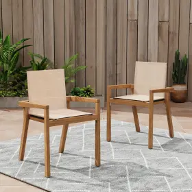 Gdfstudio 637162194300 Patio Outdoor Acacia Wood Dining Chair Set Of 2 Teak With Beige Textile