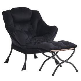 Givjoy 69ae040c486eca5f3095ce60 Lazy Chair And Ottoman Black Velvet Large Accent With A Side Pocket Modern