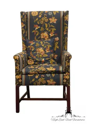 1698-00 Hickory Chair Traditional Style Accent Wingback Arm W. Slate Blue Flora