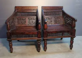 0105900950 Home Decorators Collection Pair Hand-carved Maharaja Moroccan Arm Chairs Sturdy Dark Brown Wood Beautiful