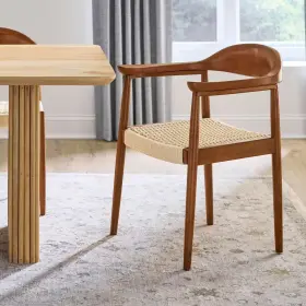 Home Decorators Collection 744759538048 Rexton Light Walnut Wood Set Of 2 Dining Chairs With Woven Rattan Seat And Arm