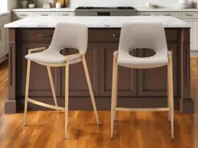 Homeroots.co 608219233242 Set Of Two 26 Inch Beige And Gold Faux Leather Steel Low Back Counter Height Bar