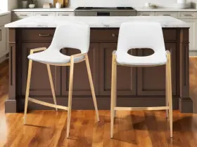 Homeroots.co 608219277376 Set Of Two 26 Inch White And Gold Faux Leather Steel Low Back Counter Height Bar