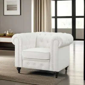 99721-w Homestock 44 Inch White Tufted Faux Leather Chesterfield Arm Chair With Solid Wooden Legs